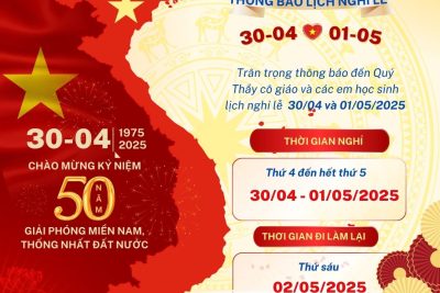 THÔNG BÁO NGHỈ LỄ 30/04 VÀ 01/05/2025